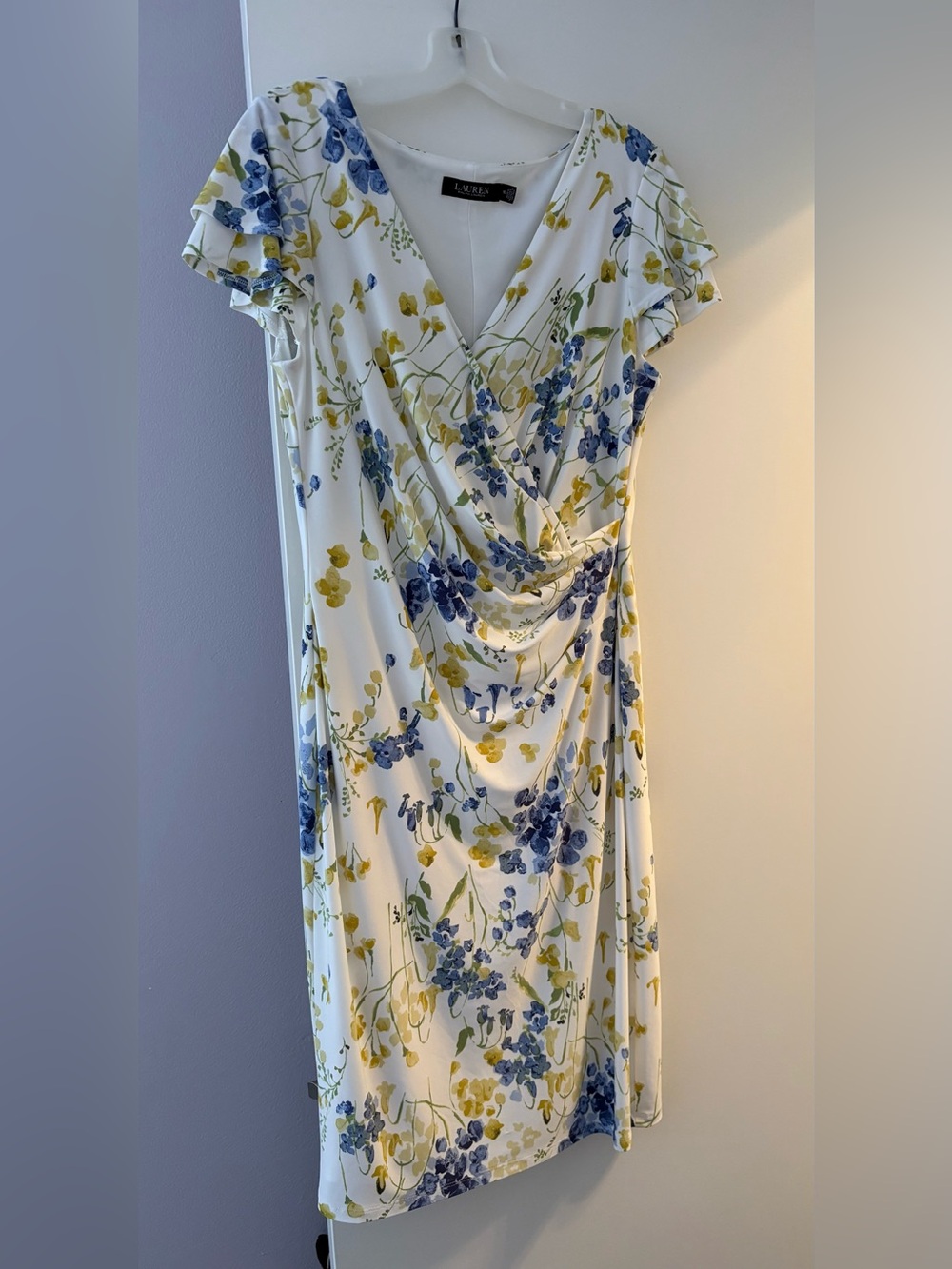 Ralph Lauren White Floral Wrap Midi Dress with Blue and Yellow Blooms